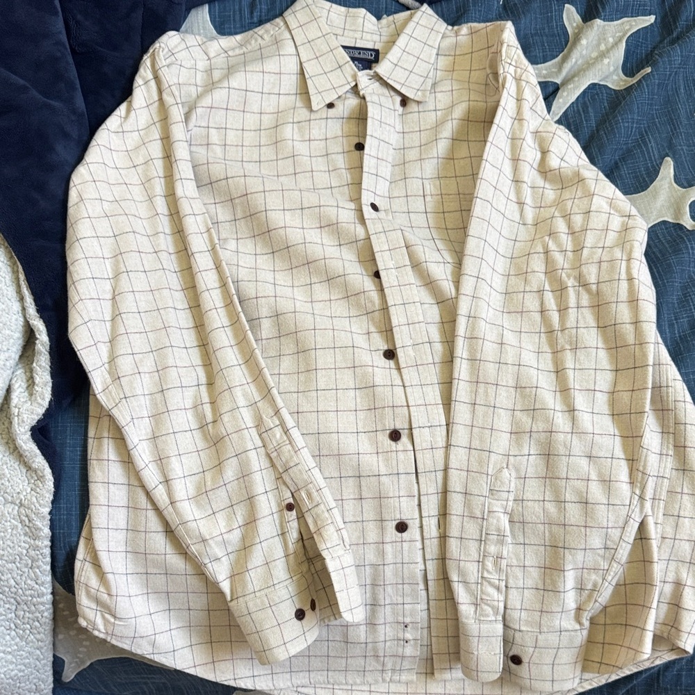 Lands' End Cream Flanel Plaid Casual Button Down Shirt